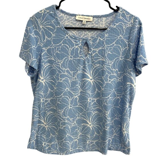 Emily Daniels Blue Floral Textured Short Sleeve Top Sz PM - Picture 1 of 10